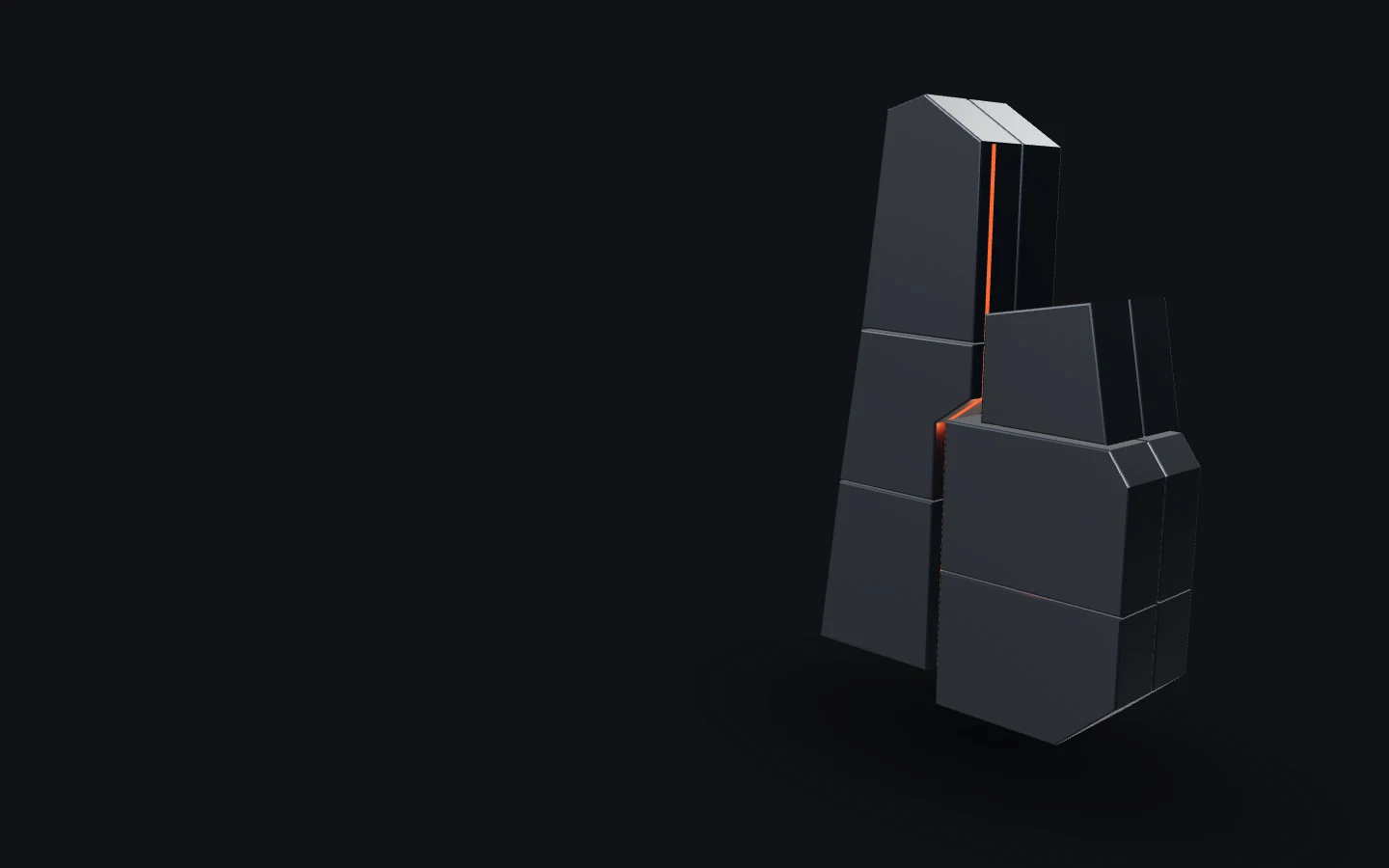 The Fault: a taller leaning blade beside a lower interlocking counterweight, separated by an orange fissure.